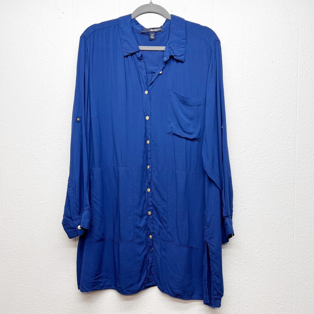 Denim 24/7 Button Front Roll Tab Long Sleeve Tunic Shirt Dress Women 22 Relaxed